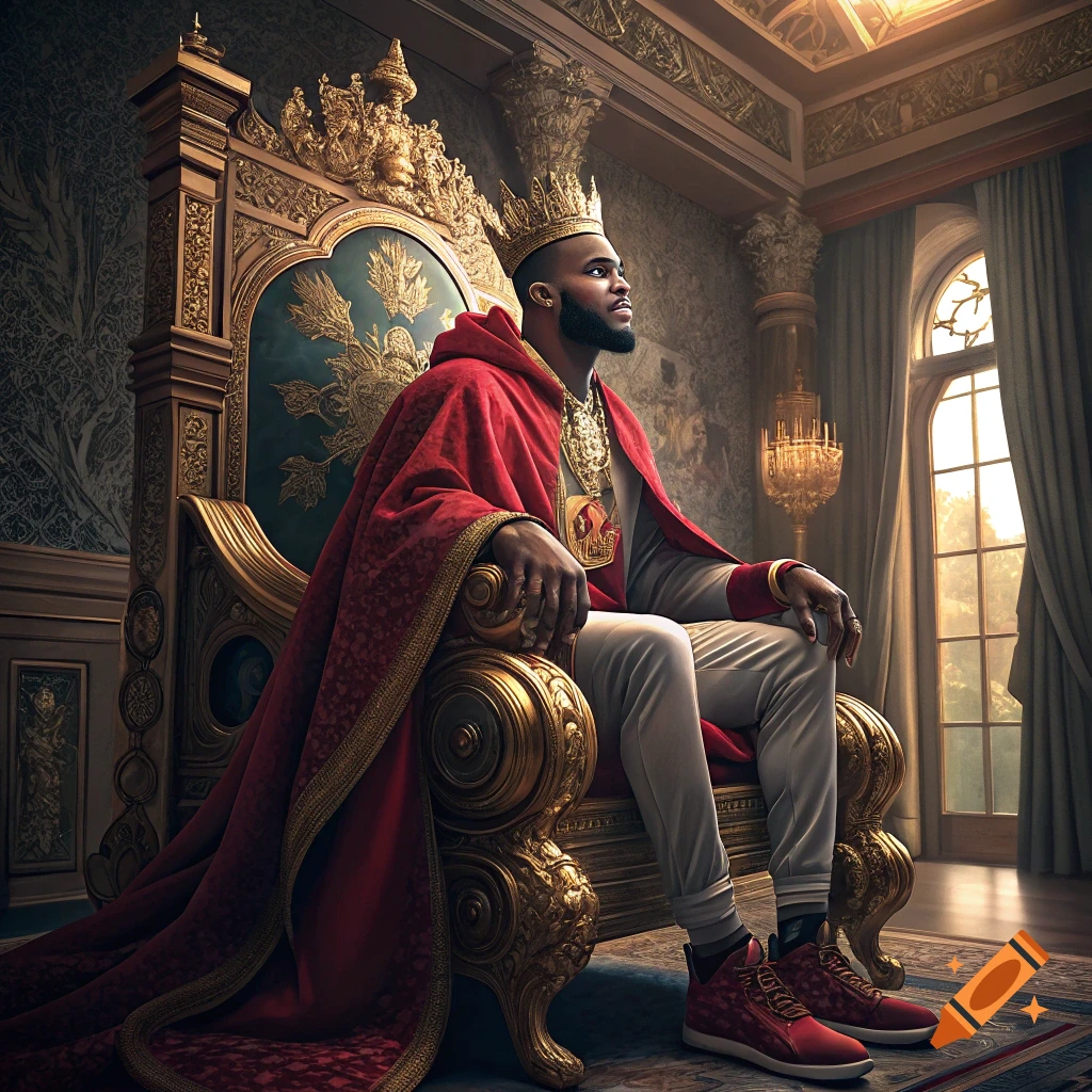 Man in a red robe and crown sitting on a golden throne in a grand room