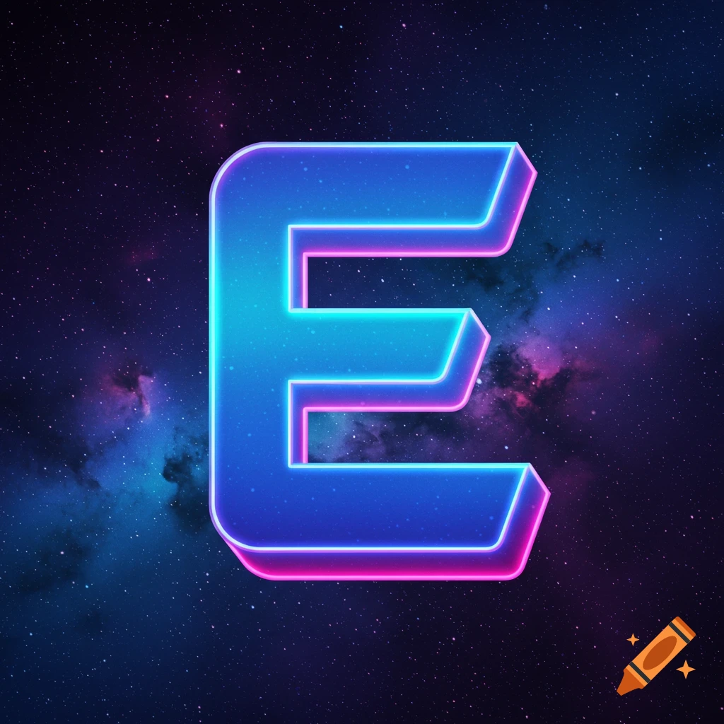 A large blue and pink neon letter E against a starry space background