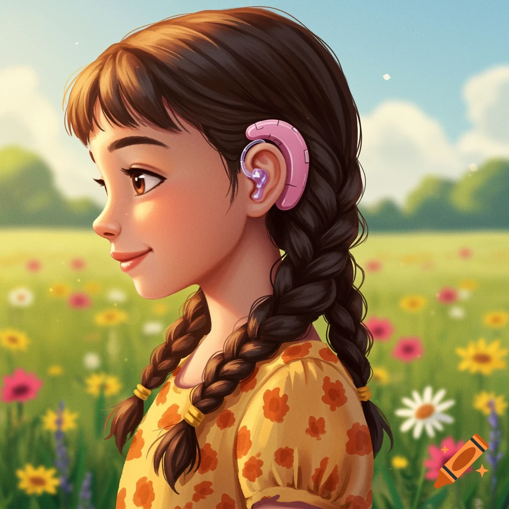 A young girl with a pink hearing aid is in a field of wildflowers.