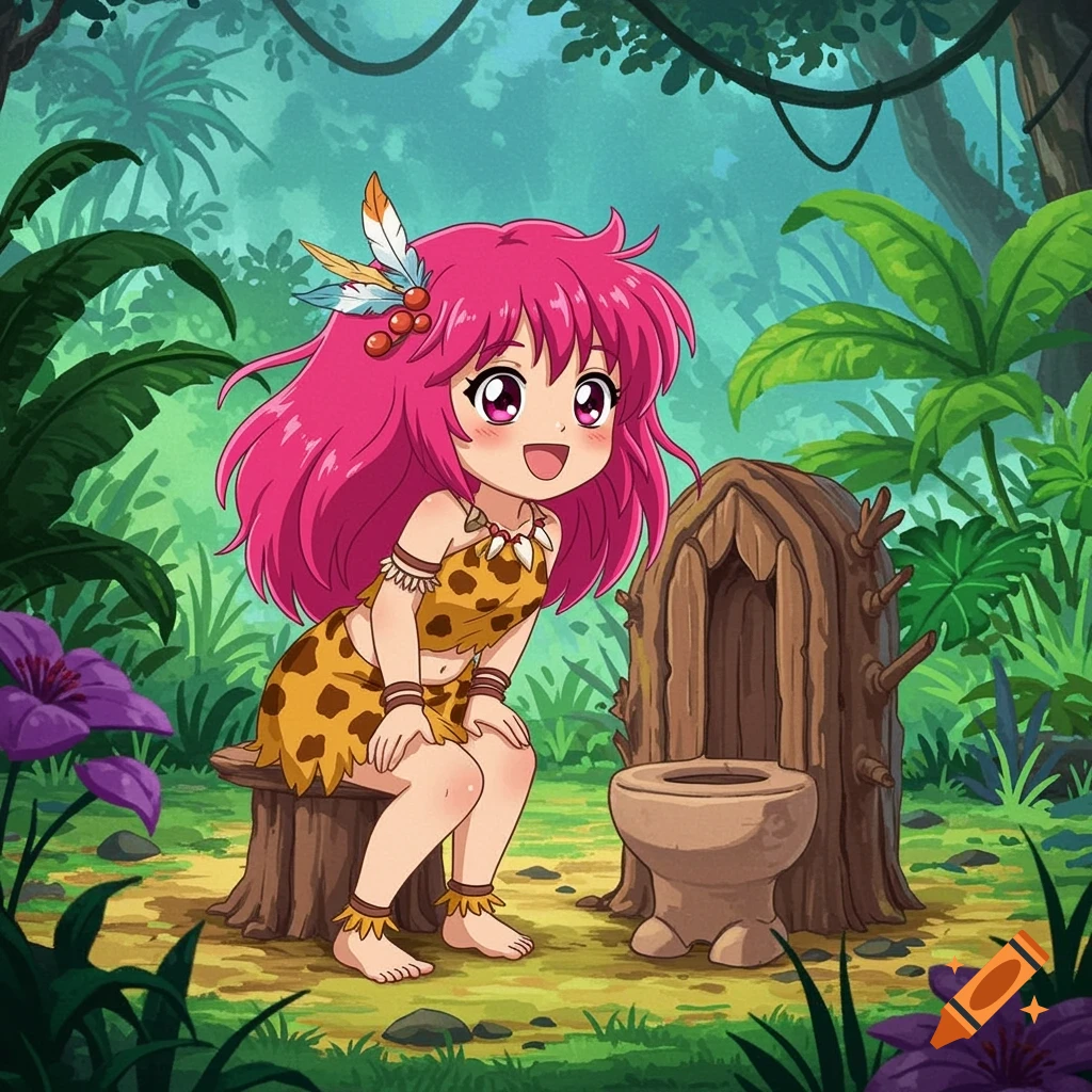 Anime prehistoric girl in a leopard-spot outfit using a primitive toilet in a lush jungle.