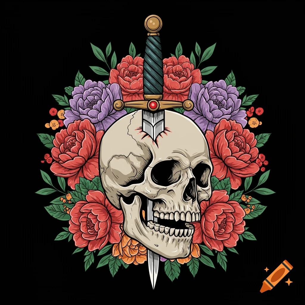 A skull with a sword through its head, surrounded by red, purple, and orange flowers, in a vector art style.