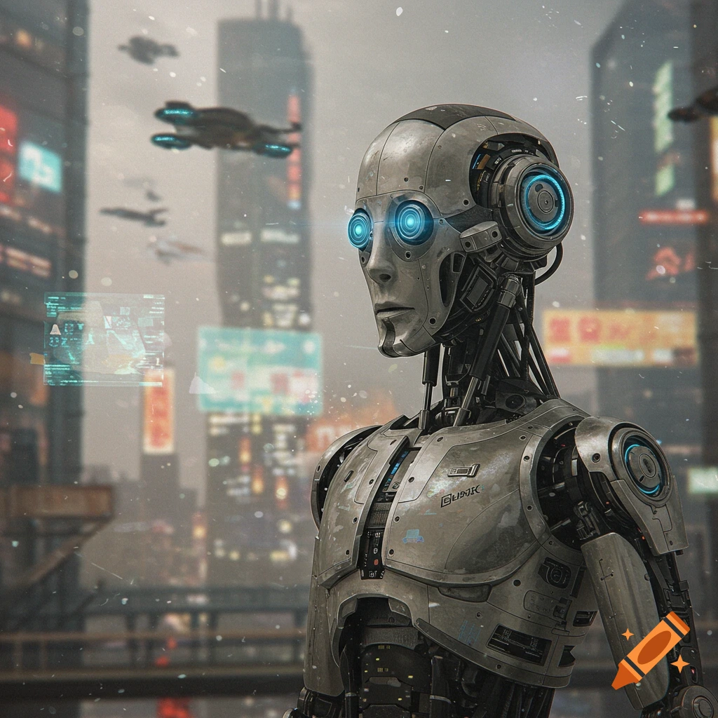 A detailed illustration of a robot in a futuristic cyberpunk city with flying vehicles.
