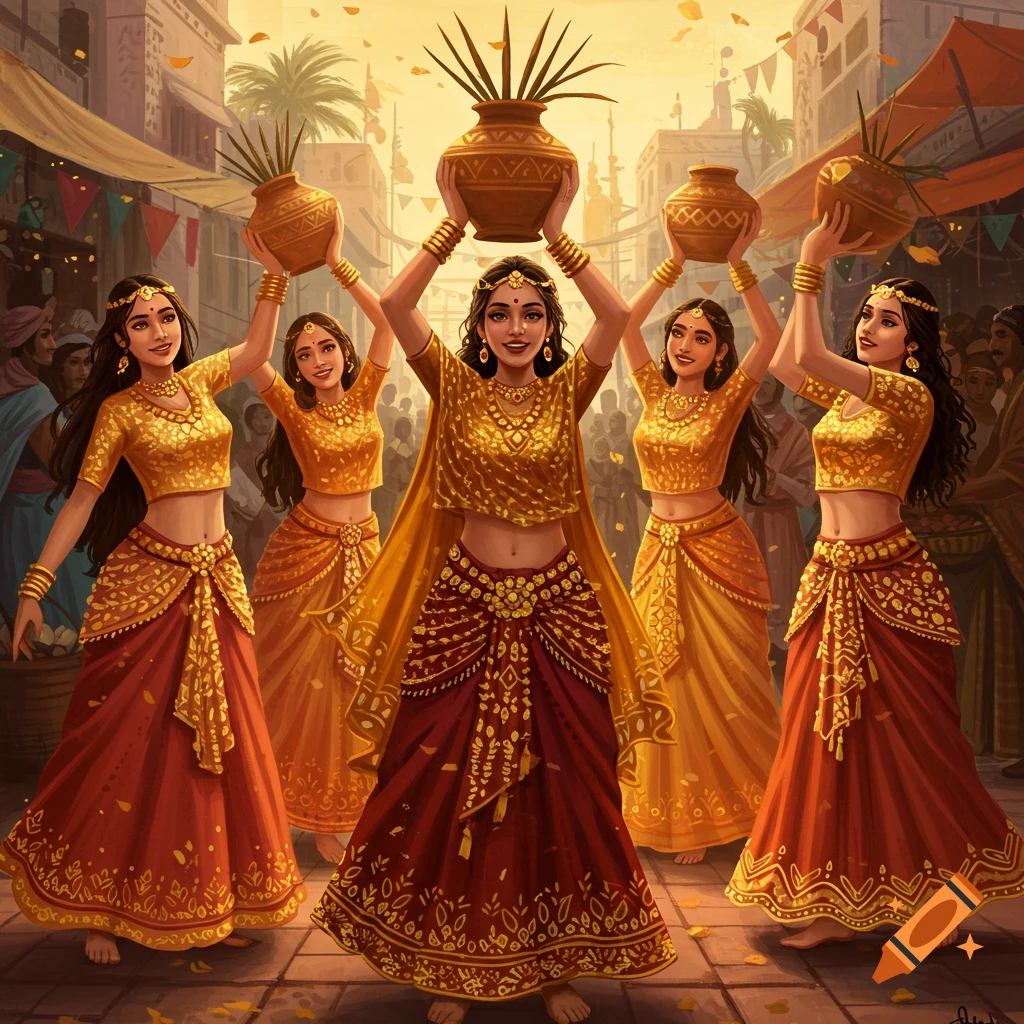 Women in traditional gold and red outfits carrying pots during a festival.