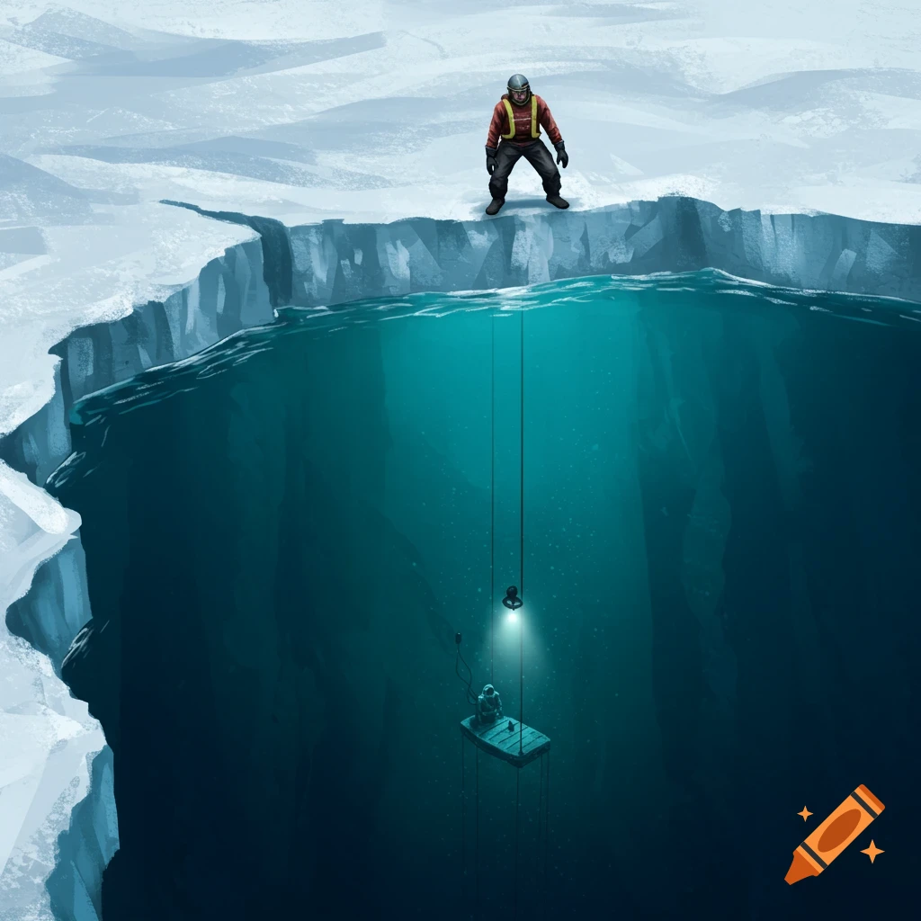 A person stands on cracked ice, gazing into a deep hole. Below, another individual is visible on a platform illuminated by a light.