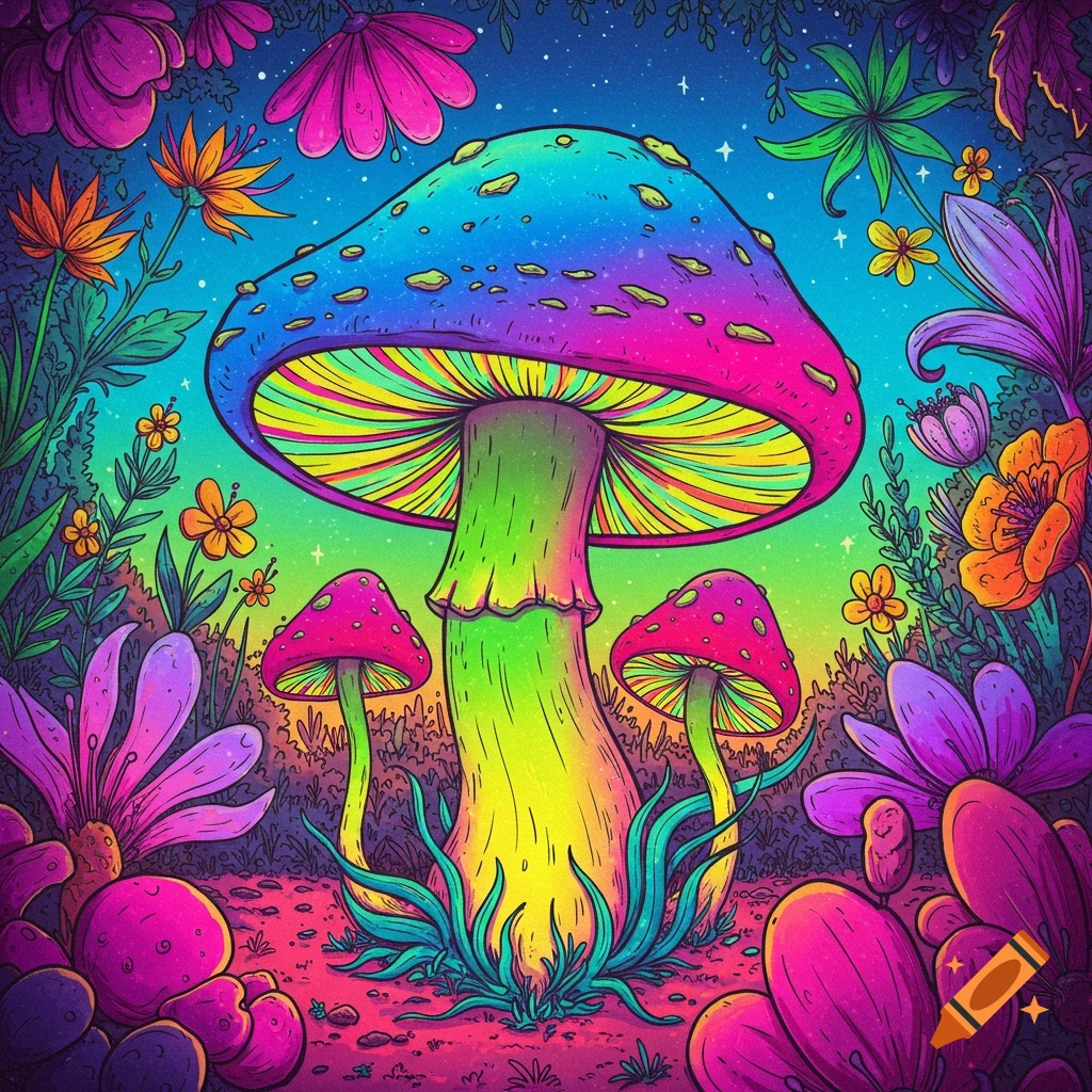 A vibrant, detailed illustration of a large, rainbow-colored mushroom and smaller mushrooms surrounded by colorful flowers and plants under a starry sky.