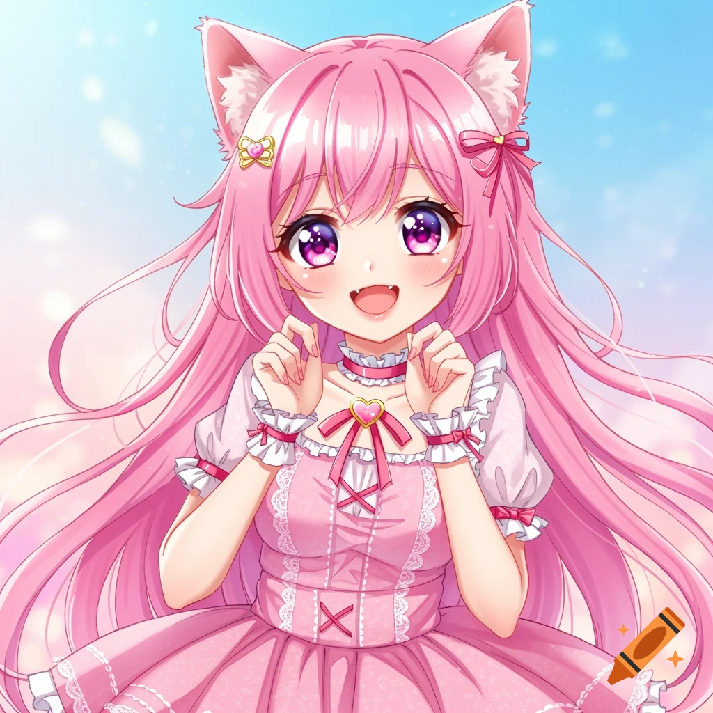 Anime girl with pink hair, cat ears, and pink frilly dress.