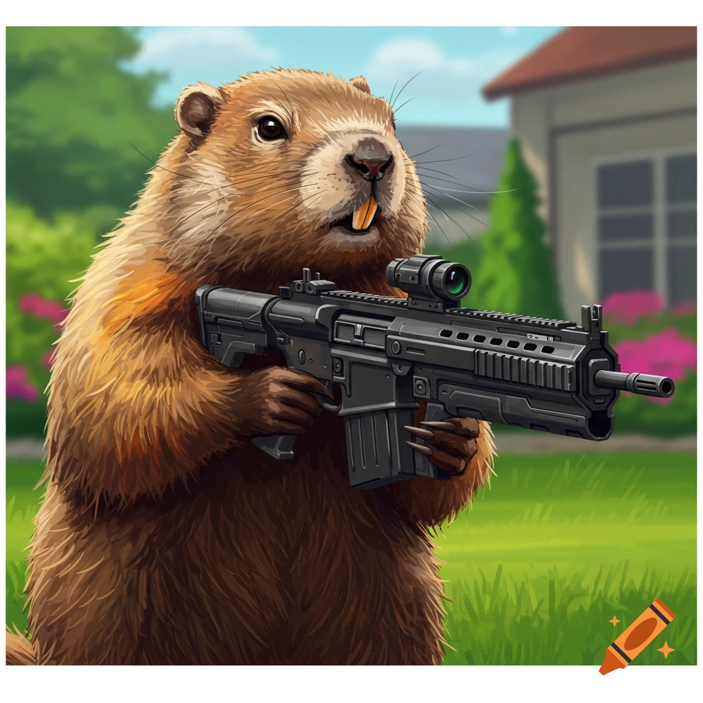 A groundhog holding an AR-style rifle in a suburban backyard.