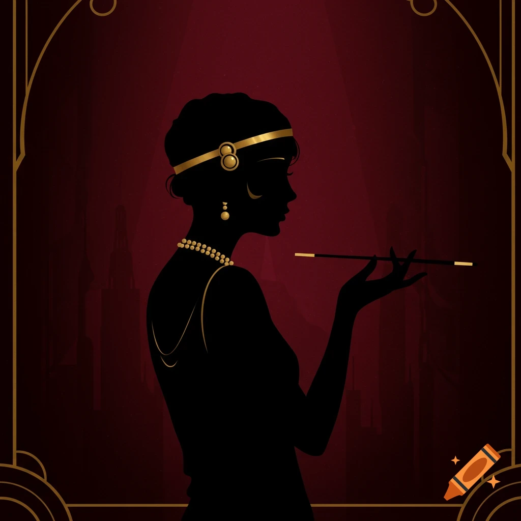 Silhouette of a woman in 1920s attire holding a cigarette holder, with art deco framing.