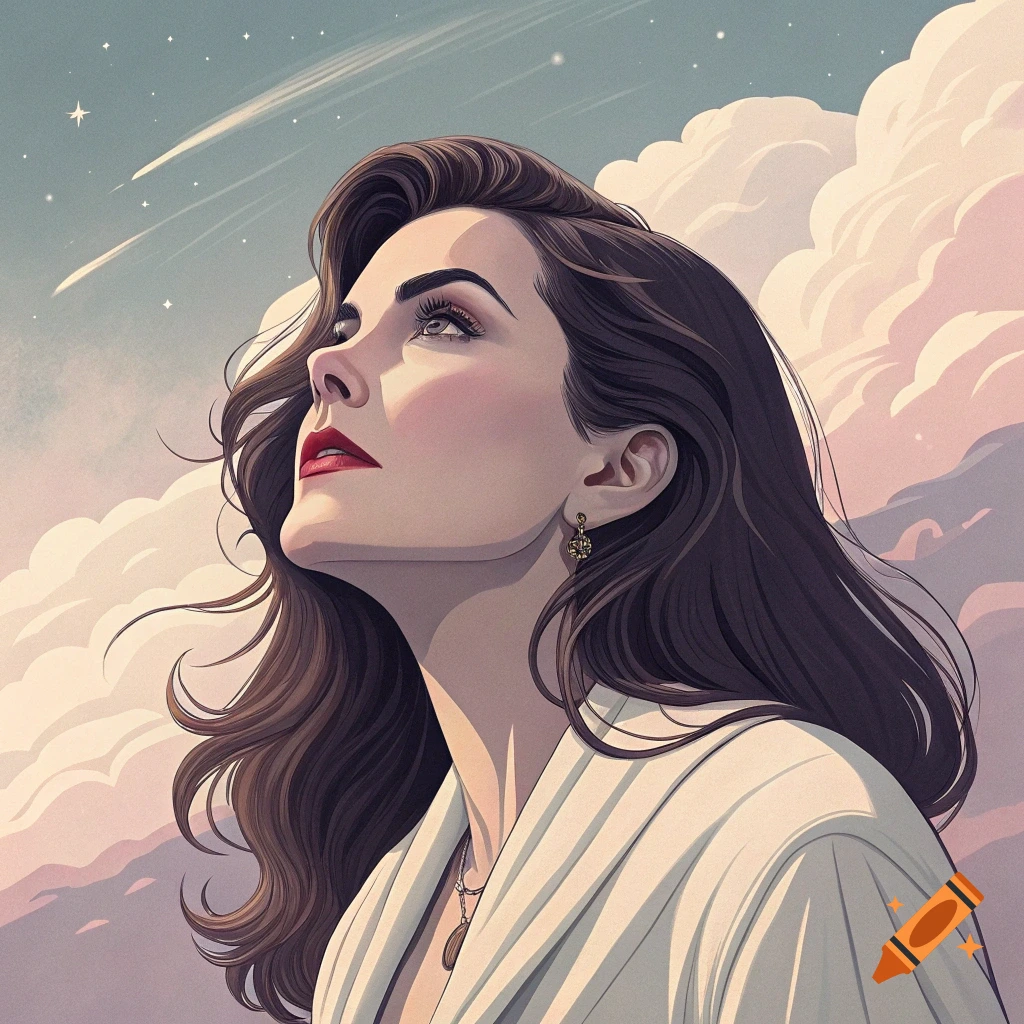 A woman looks up at a starry sky and clouds, in a Patrick Nagel art style.