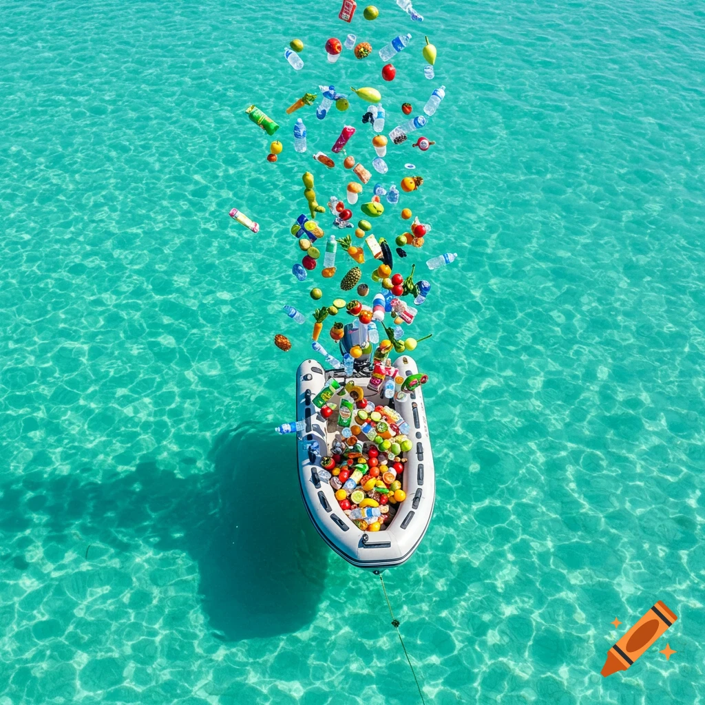 Aerial view of a boat in clear blue water with fruits, vegetables, and bottles flying into it.