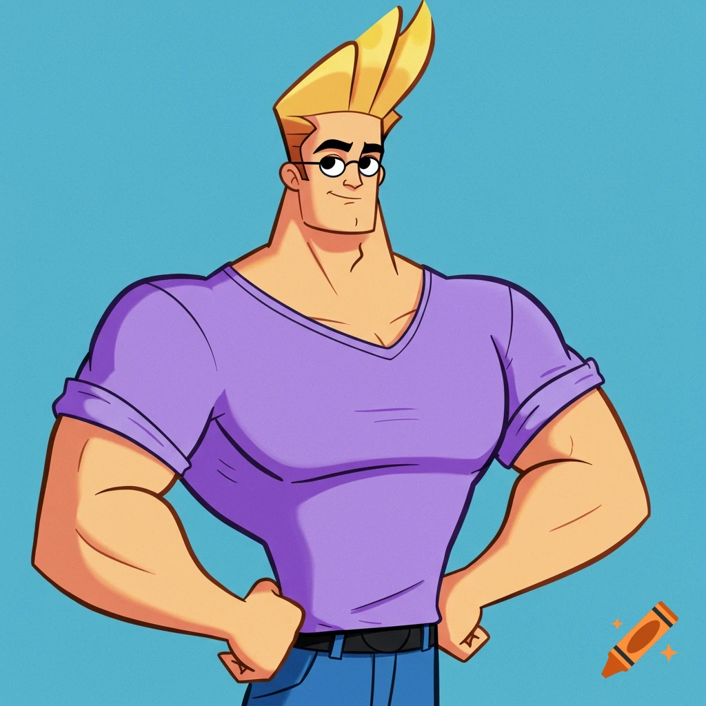 Cartoon man with large muscles and blond hair, wearing a purple shirt and jeans, hands on hips.