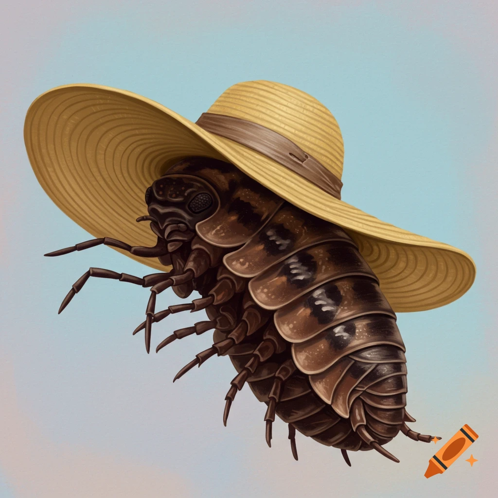 A pill bug wearing a straw hat.