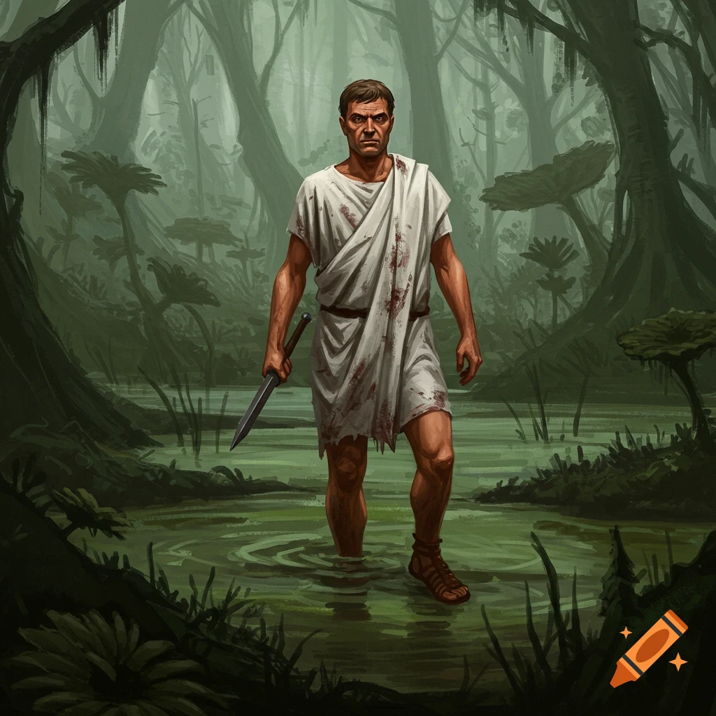 A man in a bloodstained toga with a weapon walks through a swamp.