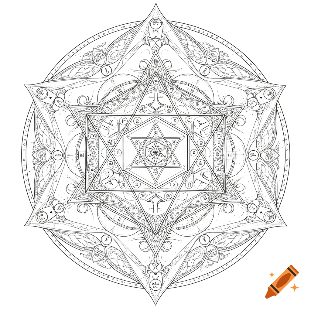 Intricate black and white line art of an esoteric geometric mandala with a six-pointed star and symbols.