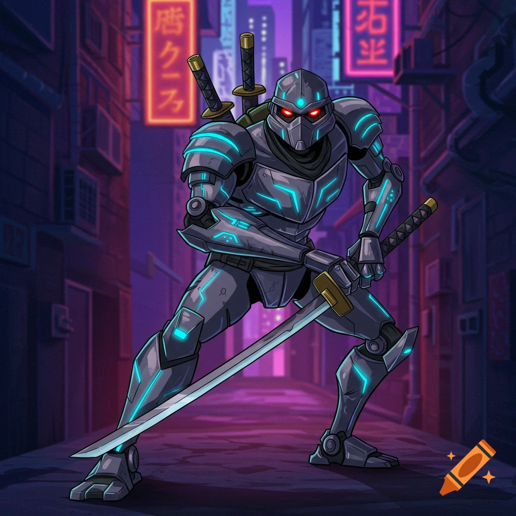 Robot ninja holding swords in a cyberpunk alley illustration