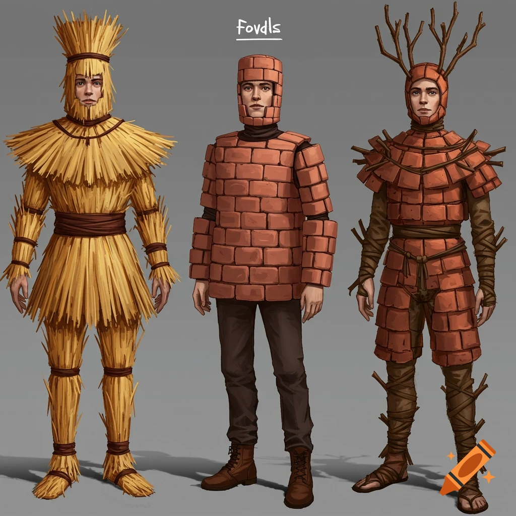 Three people in full-body costumes: one made of straw, one of bricks, and one of sticks.