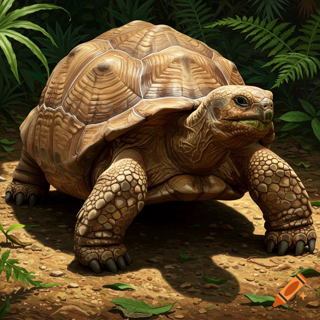 A large tortoise walking through foliage.