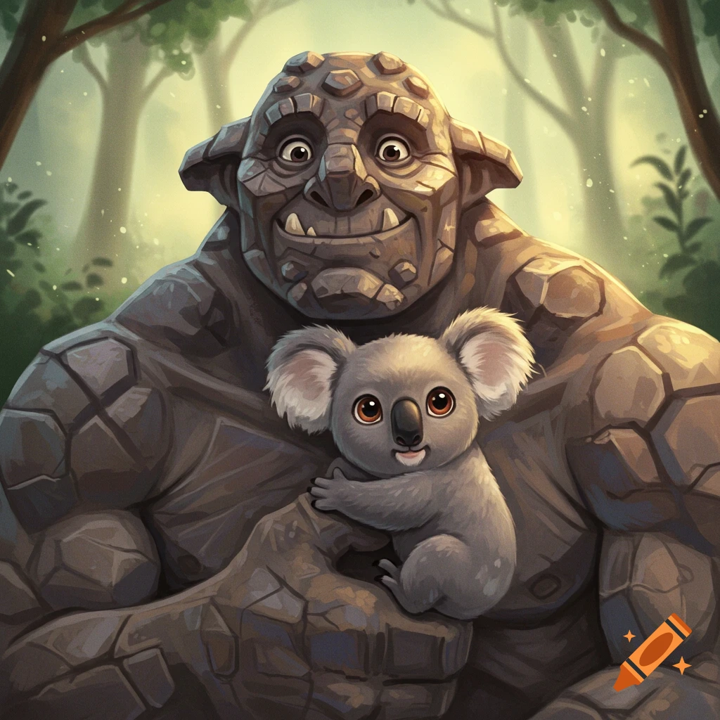 A large stone troll holding a small koala in a forest.