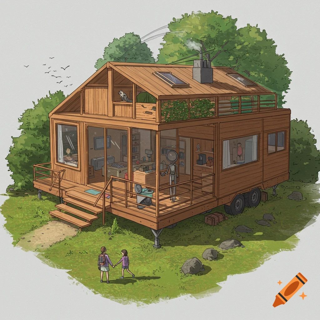 Illustration of a detailed, multi-level tiny house on wheels in a grassy landscape with trees, two people in the foreground.