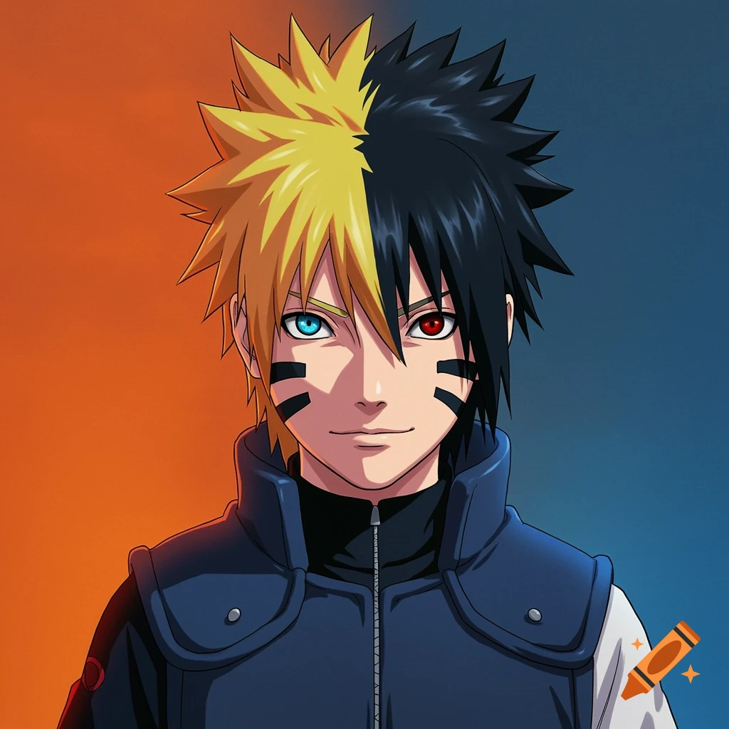 Anime portrait of a young man with split blond and black hair, one blue eye and one red eye, wearing a blue jacket.