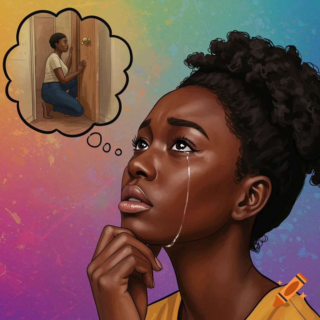 A portrait of a crying Black woman looking up, with a thought bubble showing her younger self at a door.