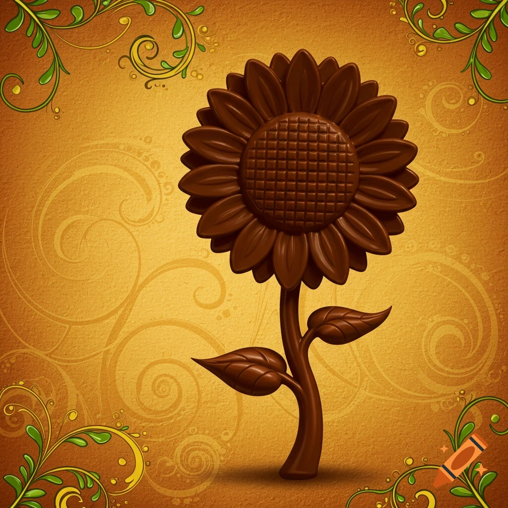 A chocolate sunflower stands against a textured gold background with green decorative swirls.