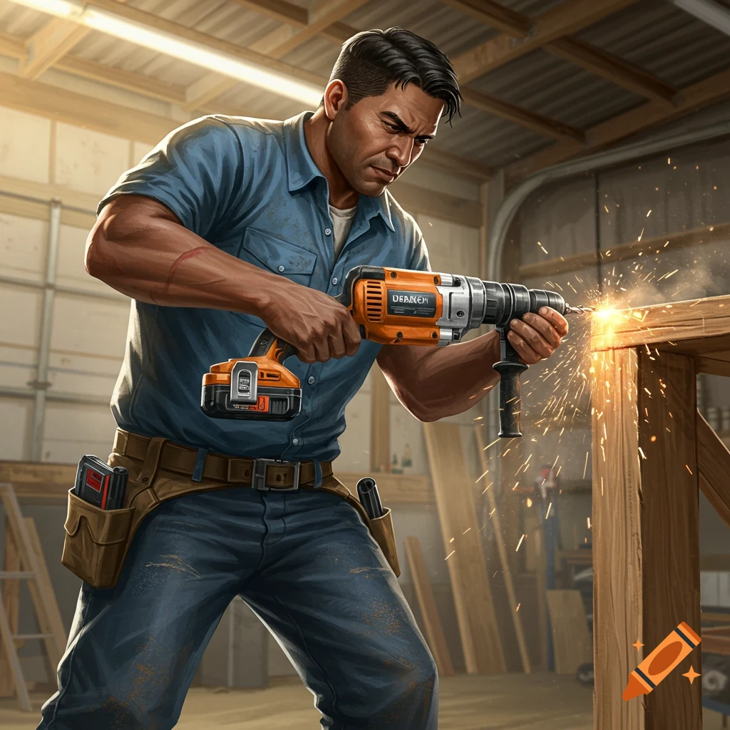 a worker drilling wood in a workshop