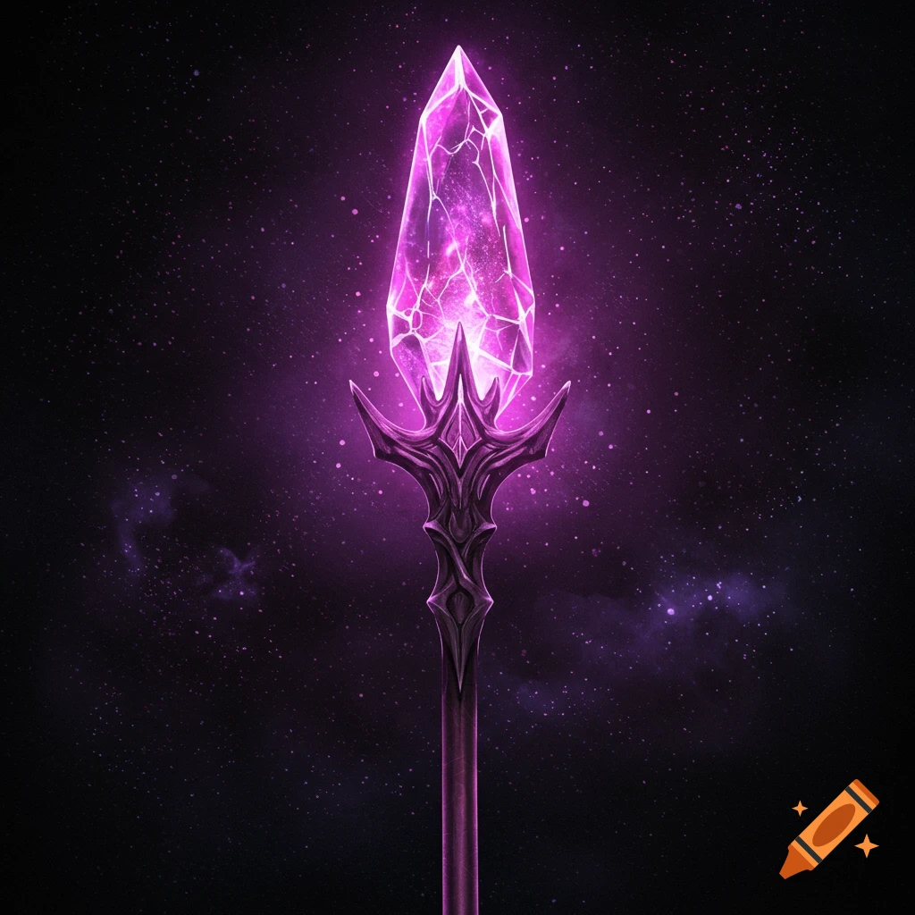 A glowing purple crystal spear against a dark background with stars and nebula.
