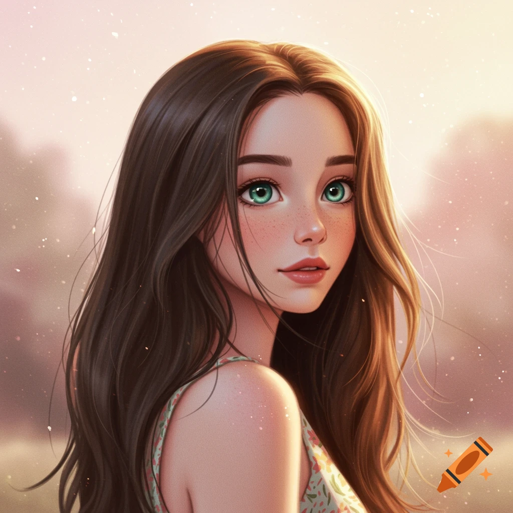 Digital art portrait of a young woman with long brown hair, green eyes, and freckles, wearing a floral dress against a blurred background with bokeh.