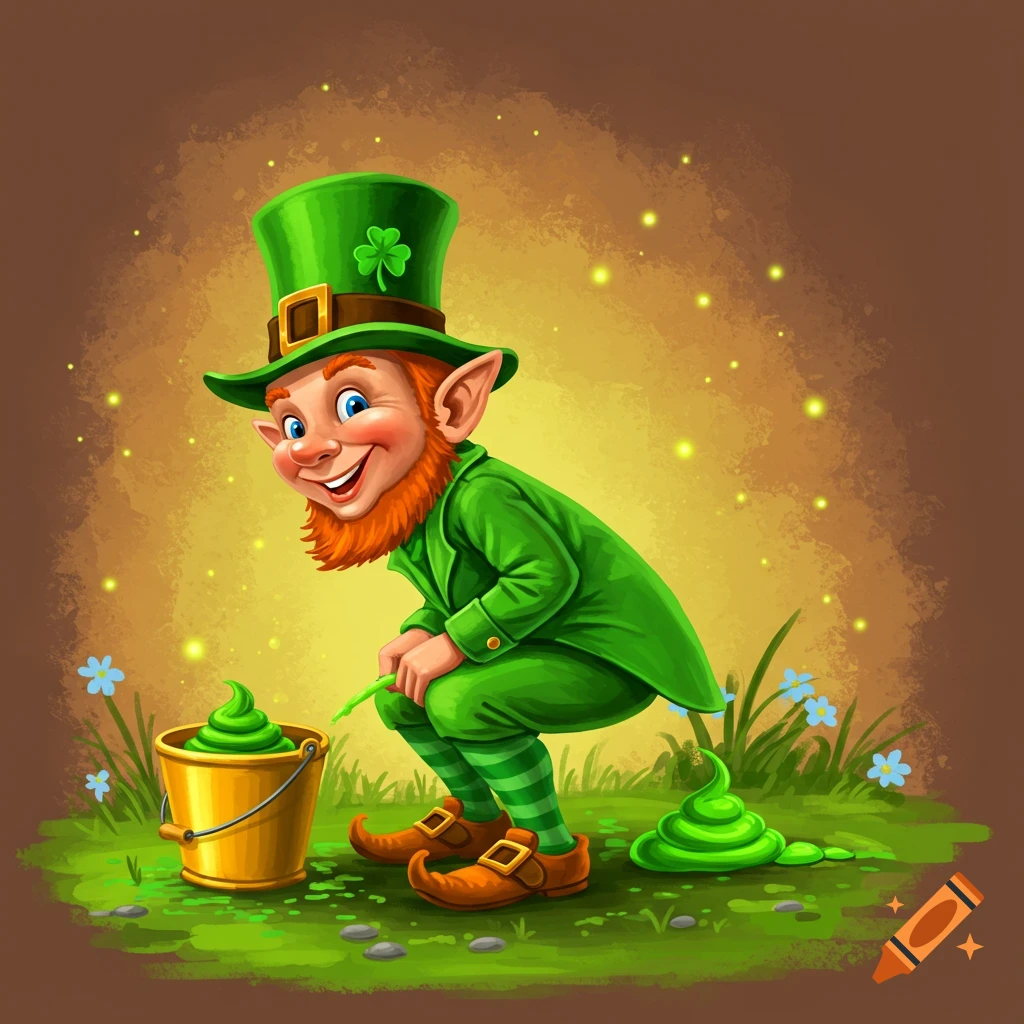 Cartoon leprechaun pooping green stuff into a gold bucket.