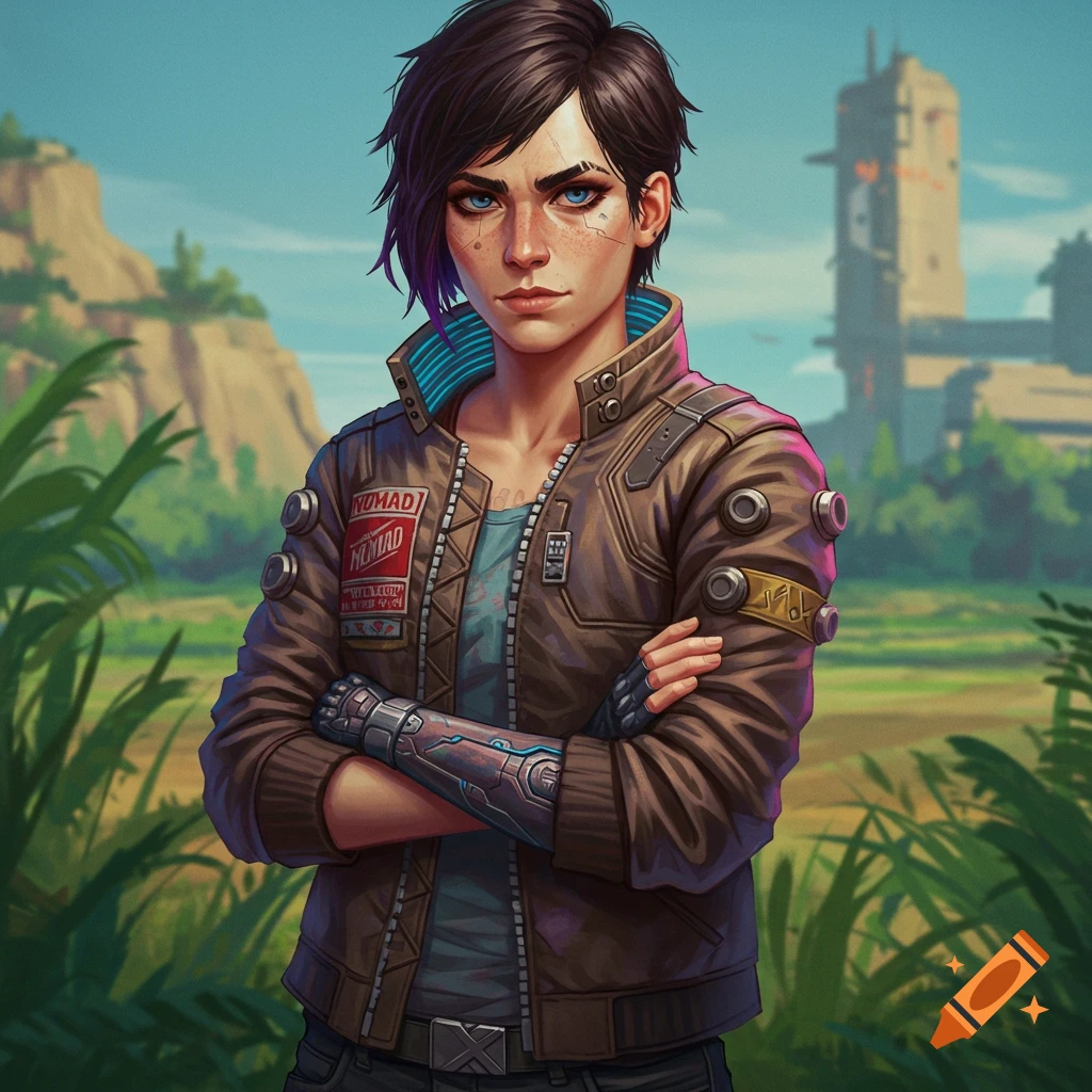 Portrait of a woman in a brown jacket with cybernetic arm in a field with futuristic buildings.