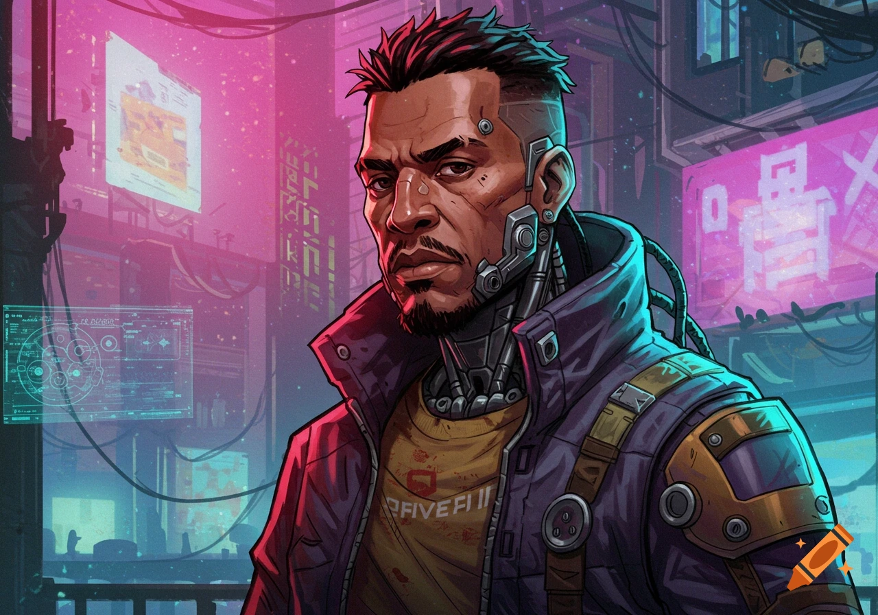 A cyberpunk man with cybernetic implants stands in a neon-lit futuristic city.