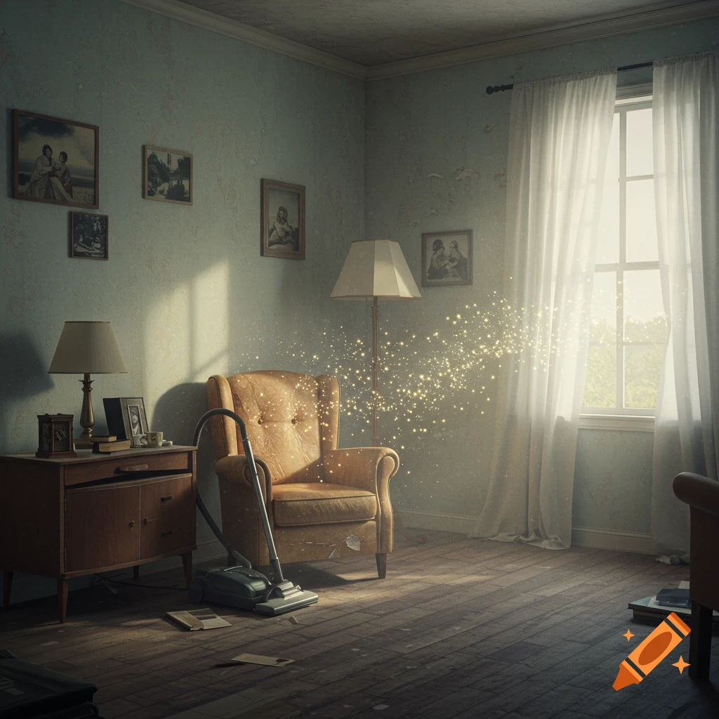 A vintage room with an armchair, vacuum, glowing particles, and sunlit window.