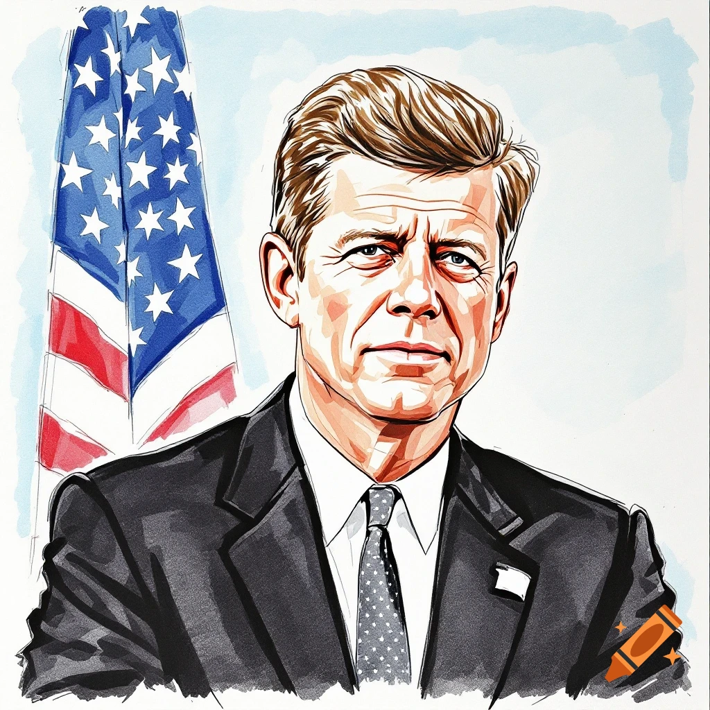 Illustration portrait of JFK with an American flag.