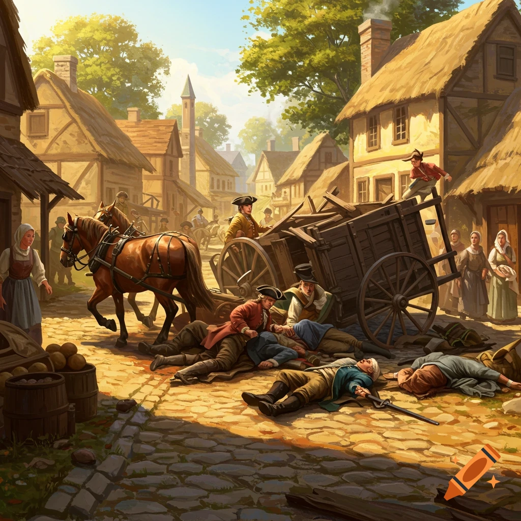 People and horses are on the ground next to an overturned carriage in a colonial village street.