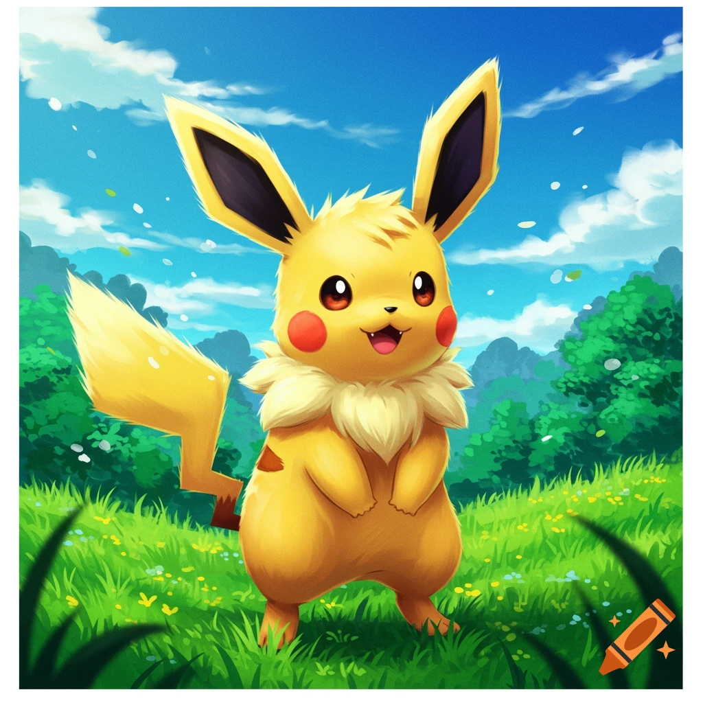 A vibrant image of a cute yellow creature resembling Pikachu standing in a field of green grass under a blue sky.