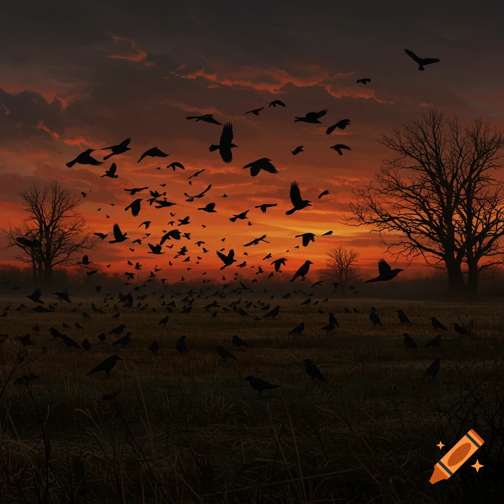 Silhouetted crows gather in a field at sunset with a dramatic orange sky.