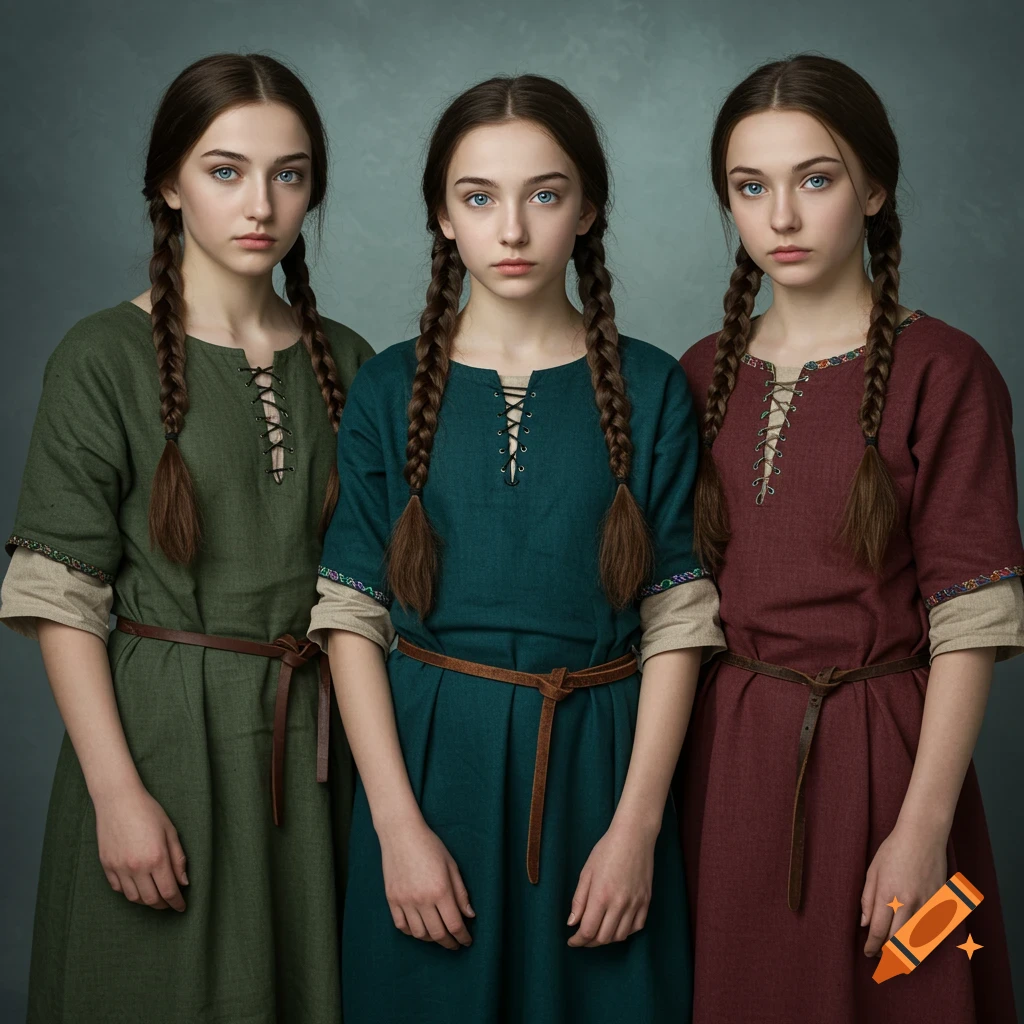 Three young girls in historical dresses with braided hair and blue eyes.