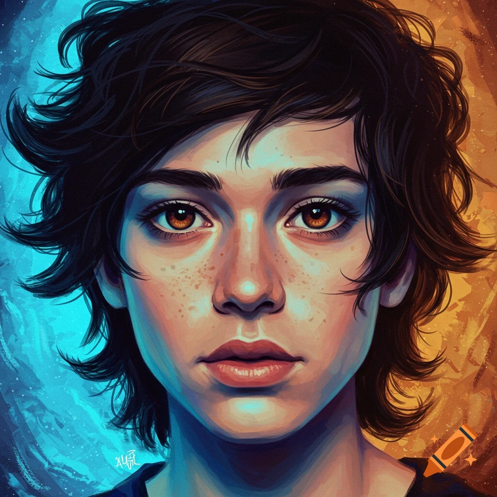 Portrait of a person with dark hair, brown eyes, and freckles against a split blue and orange abstract background.