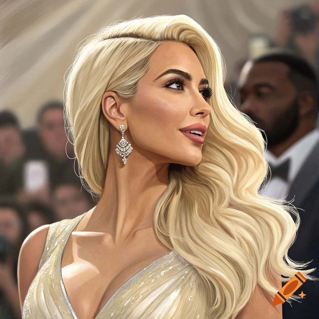 Portrait of a blonde woman resembling Kim Kardashian in a sparkling dress and large earrings at a red carpet event.