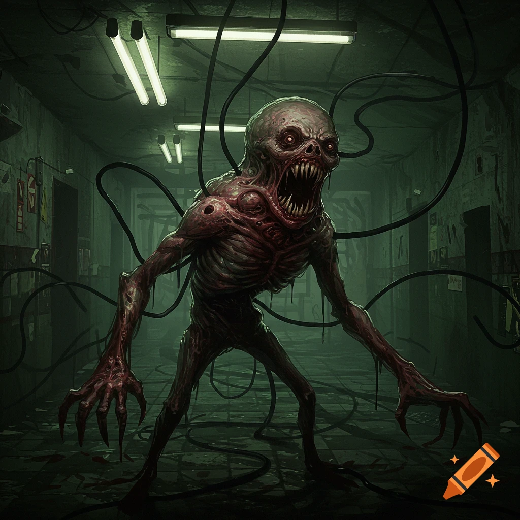 A horrific, fleshy monster with claws and wires lurks in a dark, decaying corridor.
