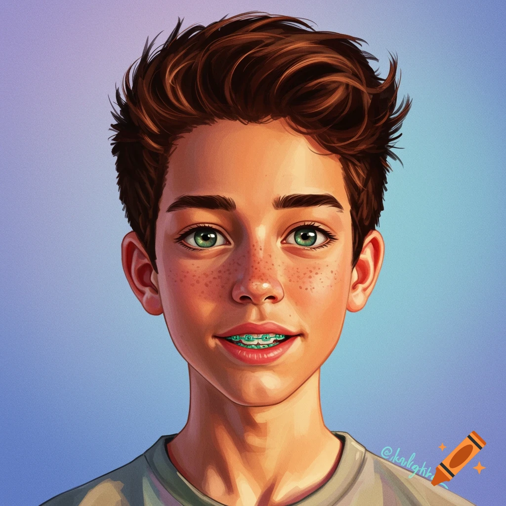 Portrait of a smiling teenager with green eyes, freckles, and teal braces.