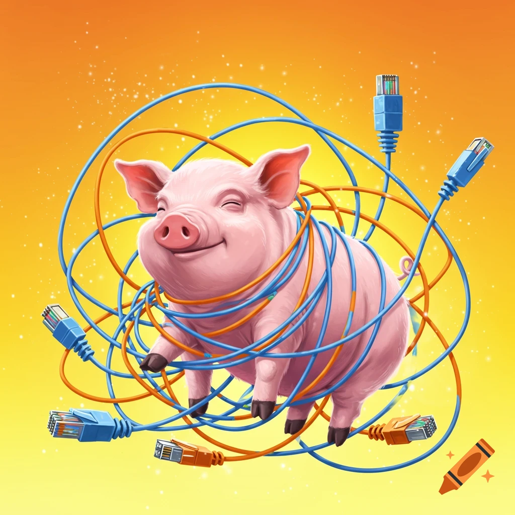 A pink pig playfully tangled in blue and orange network cables against a yellow background.