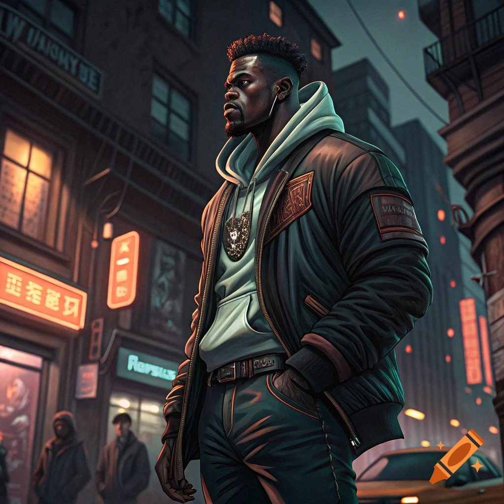 A Black man in a bomber jacket and hoodie stands in an urban street at night.