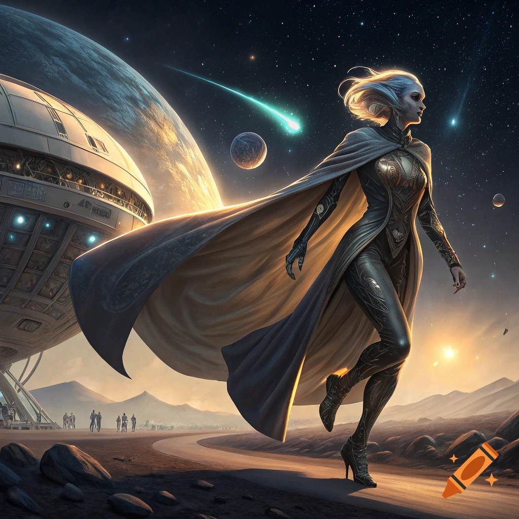 Futuristic woman in a cape walking on an alien planet near a spaceship under a starry sky with meteors.