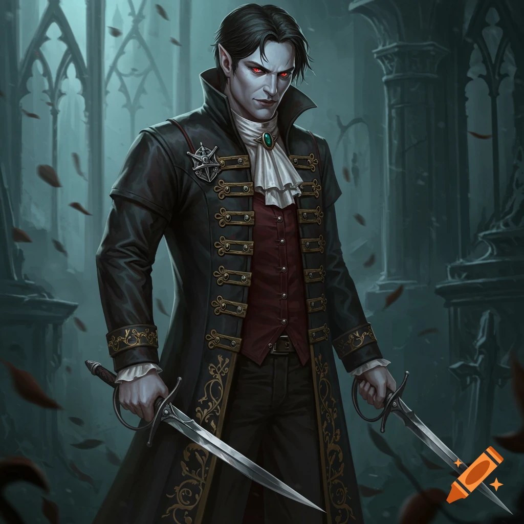 A vampire in a long coat holds two swords inside a gothic building.