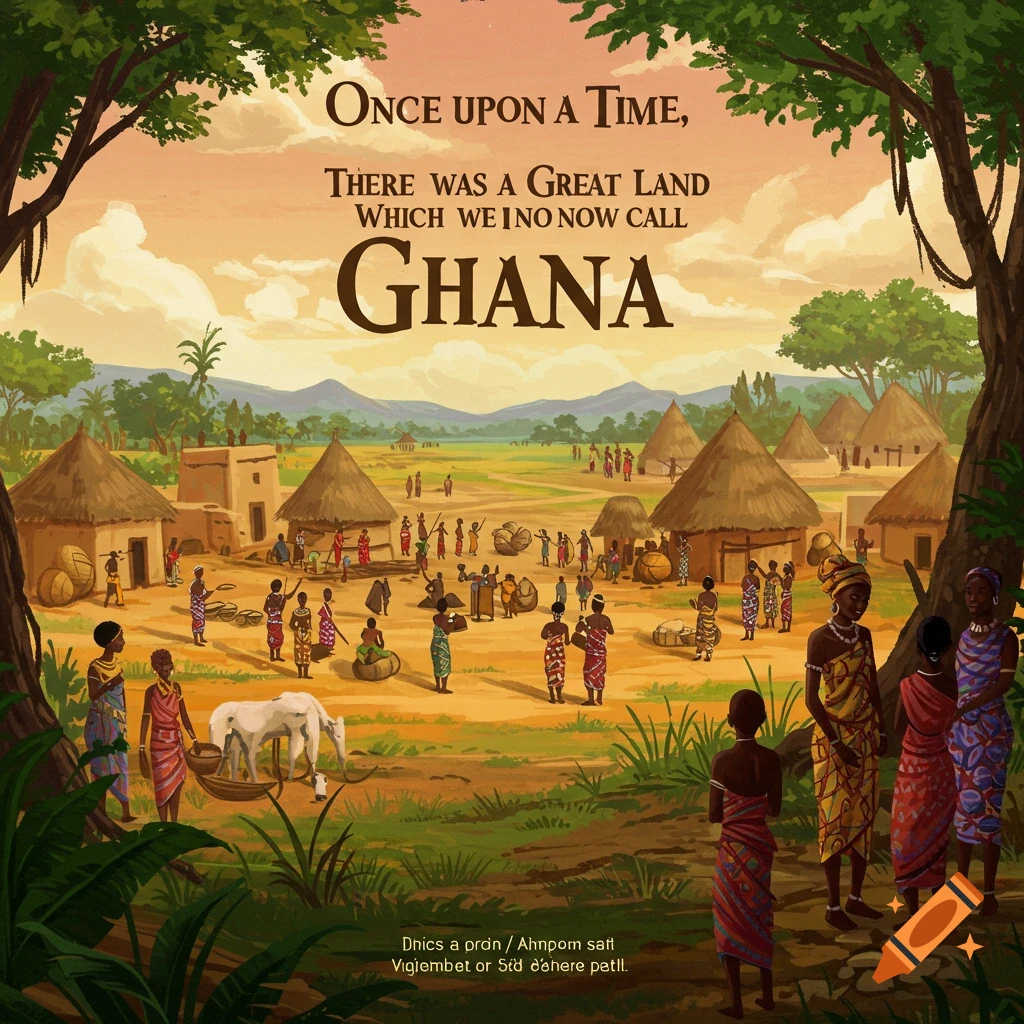 An African village scene with huts, people in traditional clothing, and text saying 'Once Upon A Time... GHANA'.