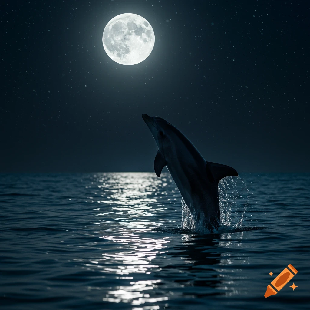 A dolphin jumps out of the ocean under a bright full moon at night.
