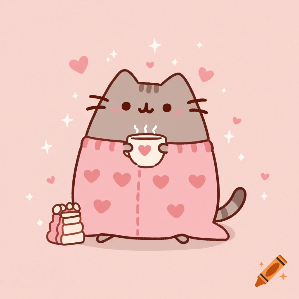 Cute cartoon cat wrapped in a pink heart blanket holds a steaming mug with cookies nearby.
