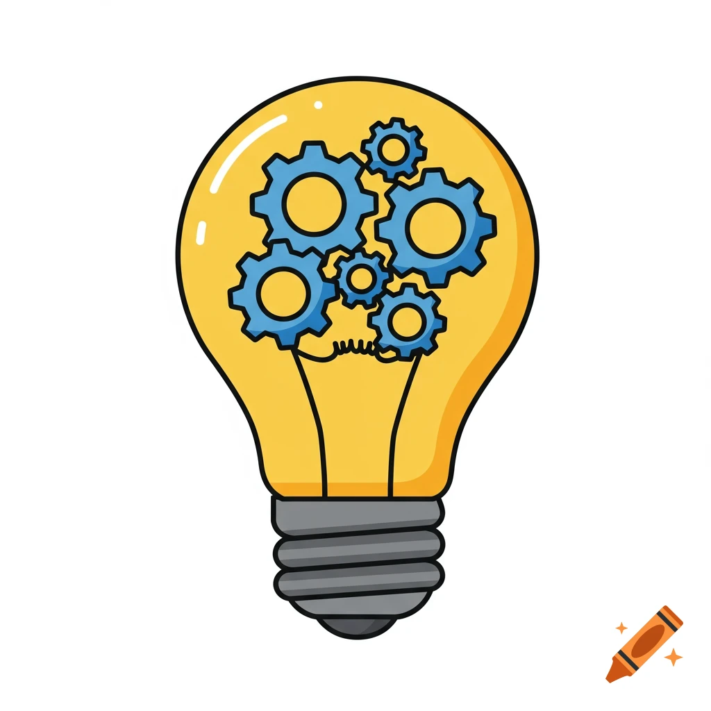 Illustration of a yellow lightbulb with blue gears inside